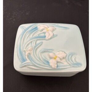 Vintage Light Blue & Pink Iris Flowers on Square Ceramic Trinket Jewelry Box Lid